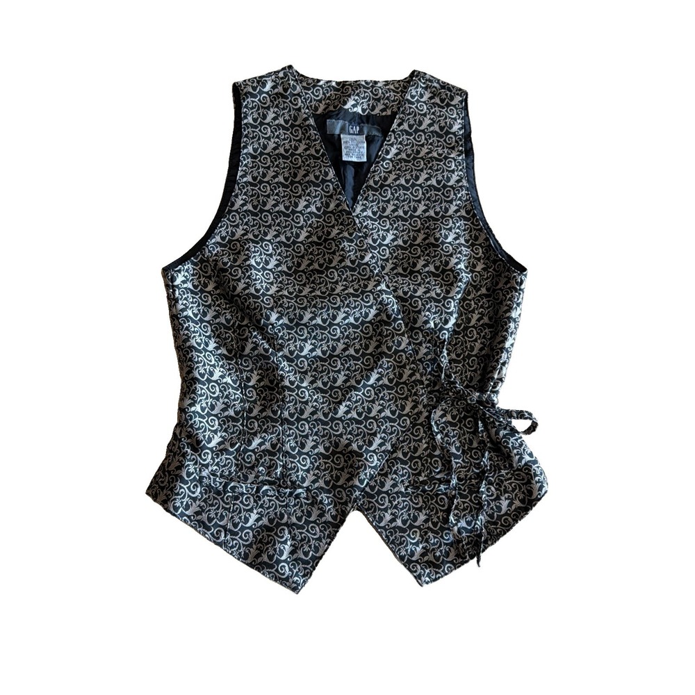 Vintage Gap Vest Tie Front Black Silver Abstract Brocade Vneck Waistcoat Gothic